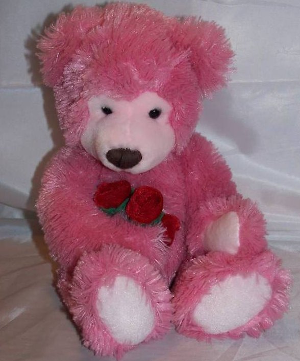 Russ Berrie Pink Bear with Roses, Plush Stuffed Animal
