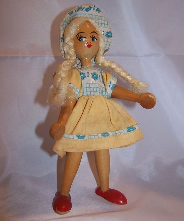 Blond Haired Wooden Wood Girl Doll w Dress, Bonnet