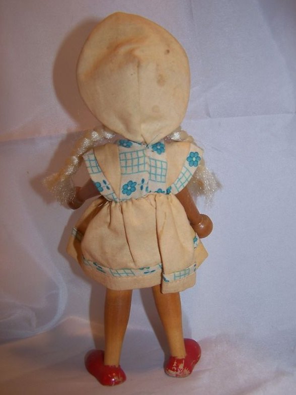 Image 1 of Blond Haired Wooden Wood Girl Doll w Dress, Bonnet