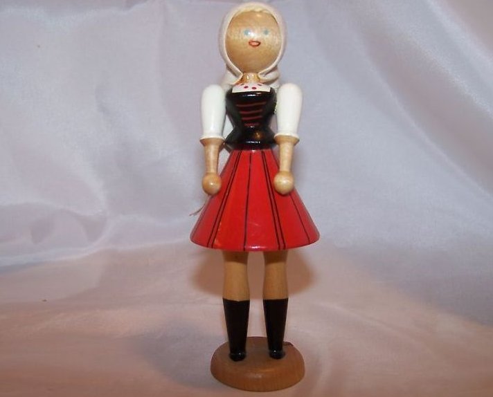 Wooden Wood Girl Doll w Head Scarf on Stand