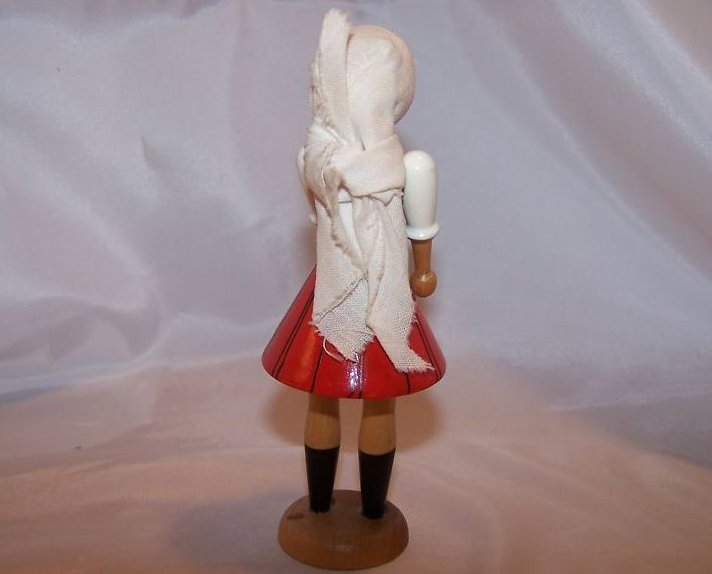 Image 1 of Wooden Wood Girl Doll w Head Scarf on Stand