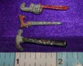 Miniature Metal Tools Hammer, Pipe Wrench, Saw