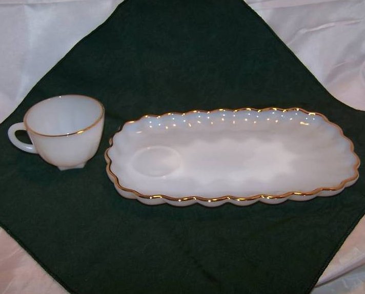 Snack Plate, Teacup, White Milk Glass w Gold