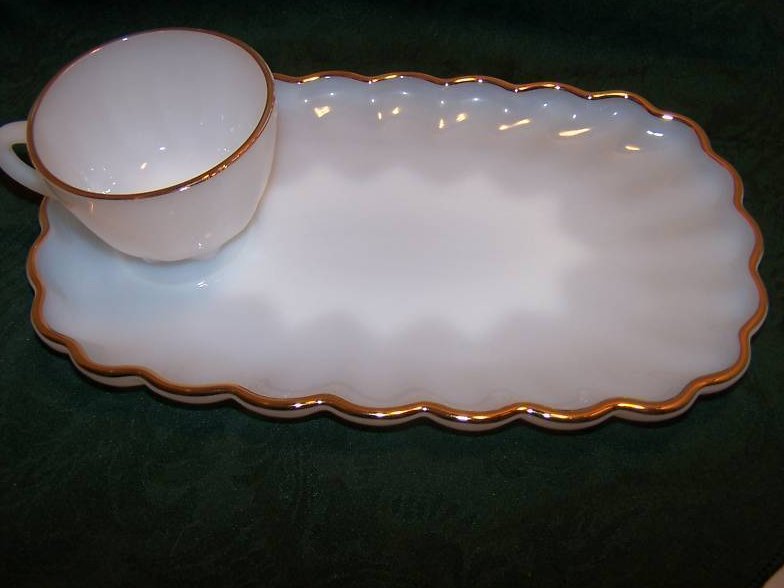 Image 1 of Snack Plate, Teacup, White Milk Glass w Gold