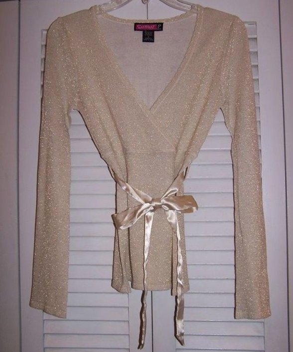 Juniors Sz S, Say What, Long Sleeve Gold Shirt with Belt