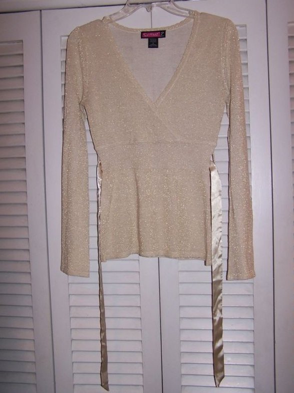 Image 2 of Juniors Sz S, Say What, Long Sleeve Gold Shirt with Belt