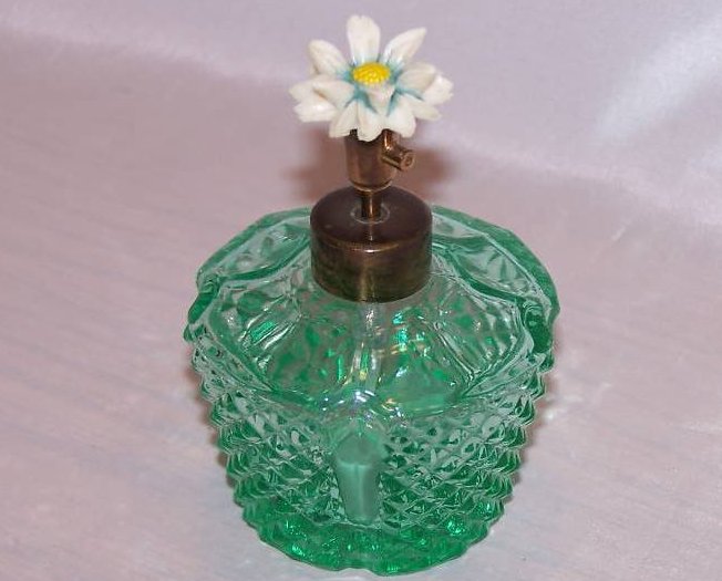 Perfume Bottle, Green Glass Faceted Atomizer, Daisy Top