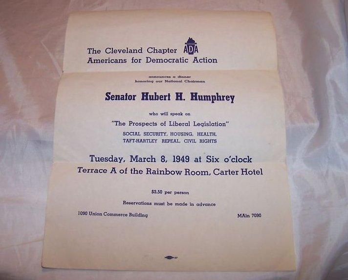 Hubert Humphrey Flyer for Cleveland ADA Dinner, 1949