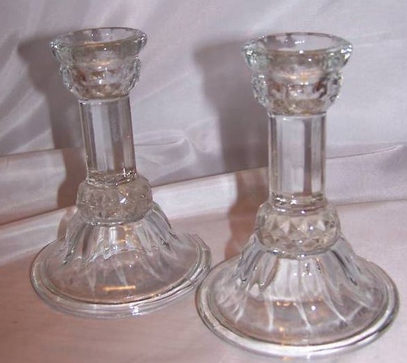 Clear Pressed Glass Candlesticks, One Pair