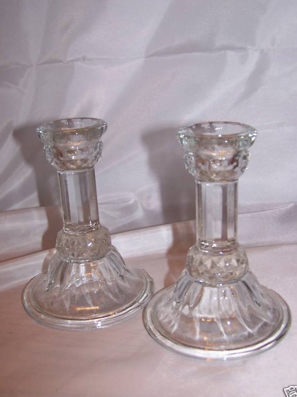 Image 1 of Clear Pressed Glass Candlesticks, One Pair