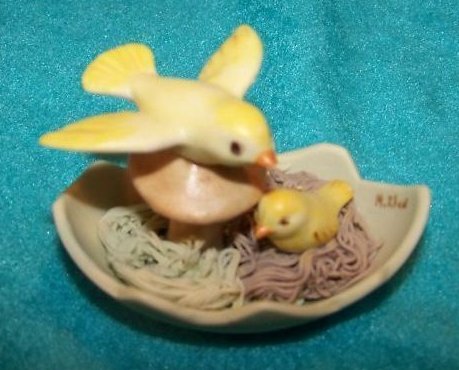 Bird Chick Mushroom in Nest, Signed, Easter