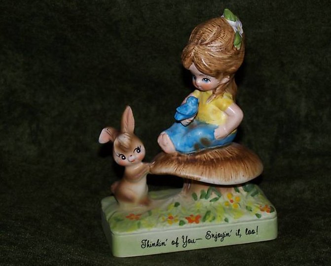 Image 0 of Vintage Antique Gigi Girl on Mushroom w Bunny, Bird, 1973