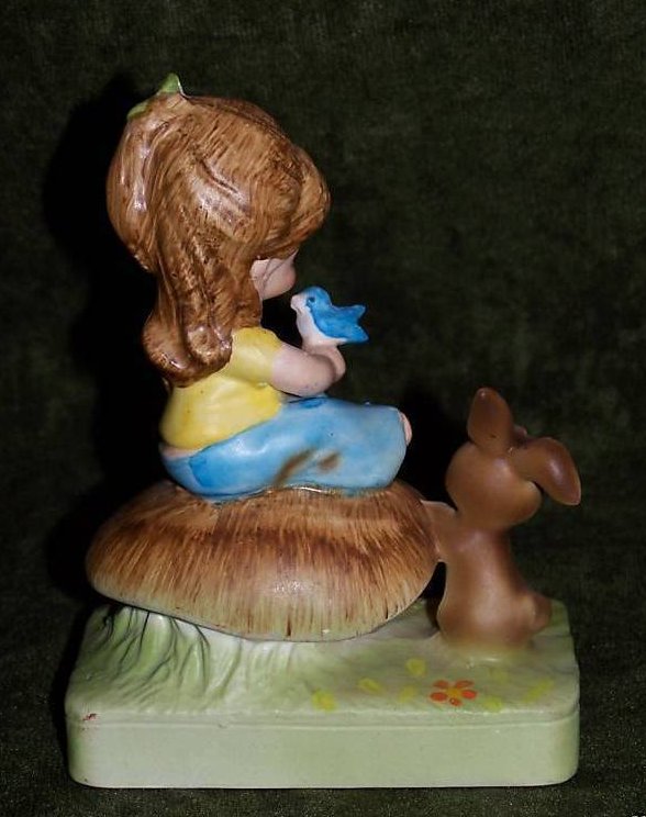 Image 2 of Vintage Antique Gigi Girl on Mushroom w Bunny, Bird, 1973