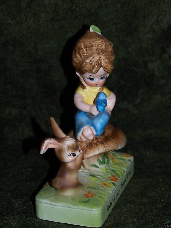 Image 3 of Vintage Antique Gigi Girl on Mushroom w Bunny, Bird, 1973