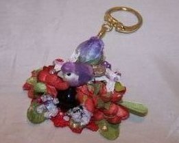 Keychain Red Hat w Purple Bird, Flowers, Rhinestones