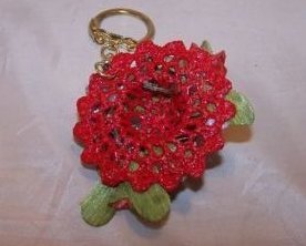 Image 1 of Keychain Red Hat w Purple Bird, Flowers, Rhinestones