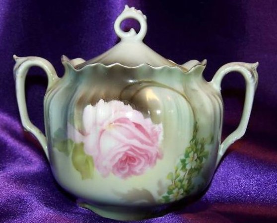 Image 0 of German Double Handled Sugar Bowl w Rose, Flowers  