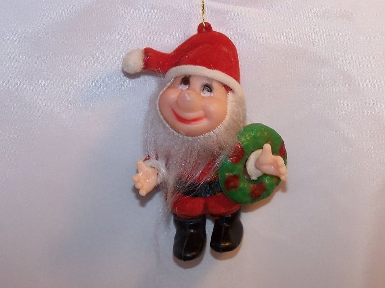 Vintage Flocked Santa w Wreath Christmas Ornament 