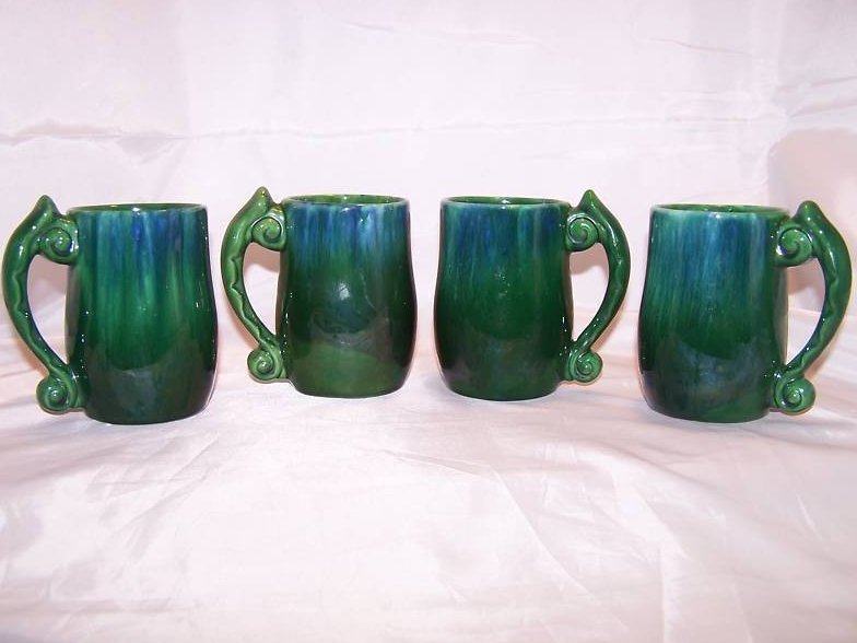 Image 1 of Haeger Green and Blue Drip Glaze Coffee Cups, 4 Cups