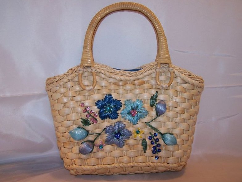 Image 0 of Lined Woven Wicker Straw Purse Bag w Flowers, Sequins