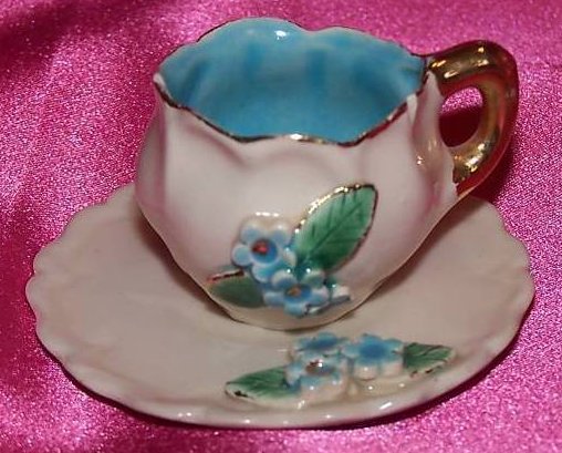 Image 0 of Vintage Miniature Cup Saucer Blue White Gold Flowers