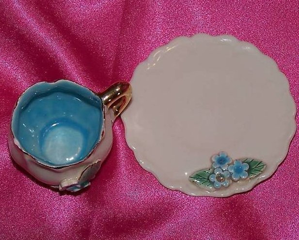 Image 1 of Vintage Miniature Cup Saucer Blue White Gold Flowers