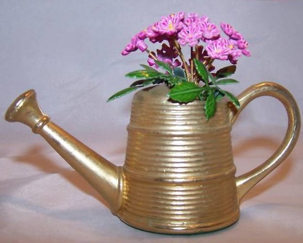 Miniature Brass Watering Can w Purple Flowers