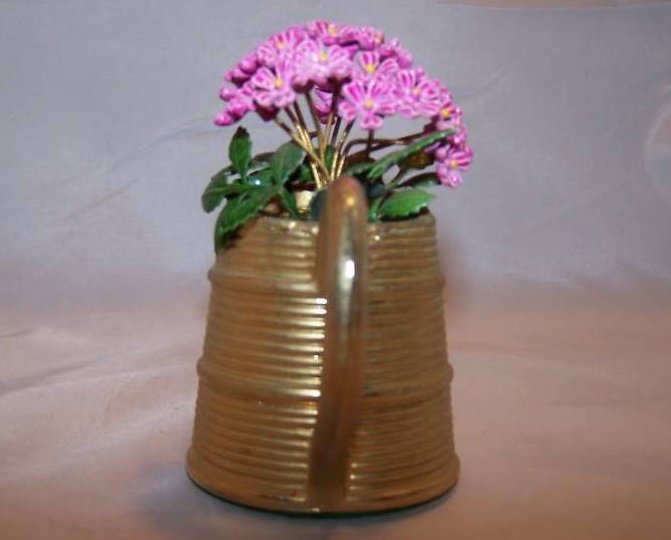 Image 1 of Miniature Brass Watering Can w Purple Flowers