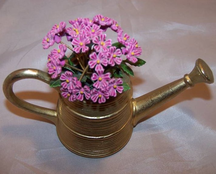 Image 2 of Miniature Brass Watering Can w Purple Flowers