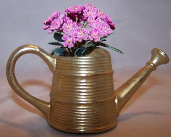 Image 3 of Miniature Brass Watering Can w Purple Flowers