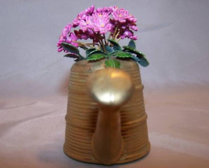 Image 4 of Miniature Brass Watering Can w Purple Flowers