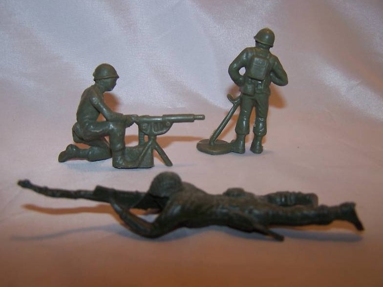 Image 1 of Toy Army Men, Plastic, Two Armed and One w Mine Sweeper, Vintage