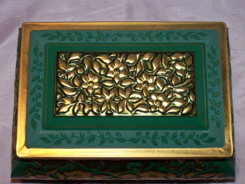 Image 1 of Fricke and Nacke Footed Tin, Green with Gold Raised Flowers