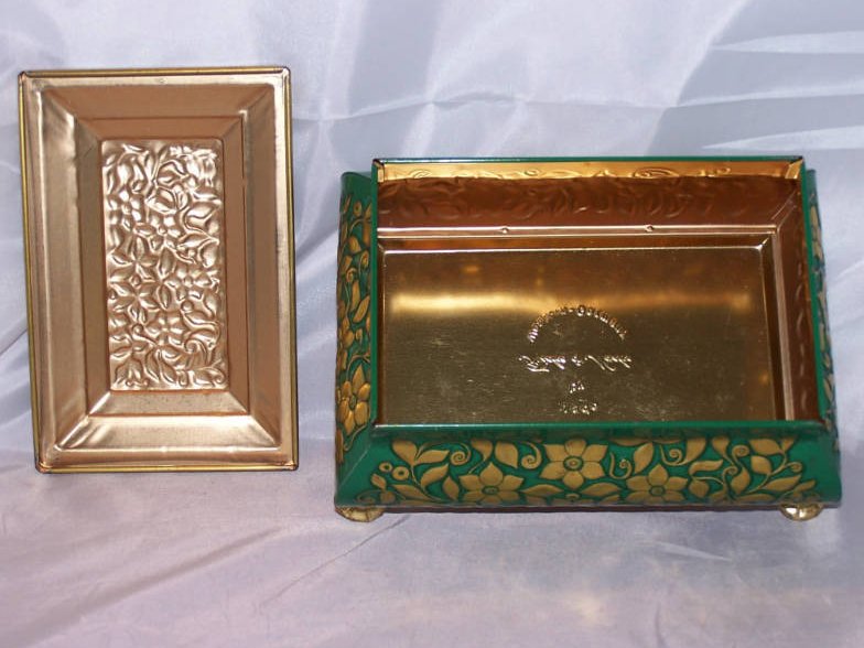 Image 2 of Fricke and Nacke Footed Tin, Green with Gold Raised Flowers