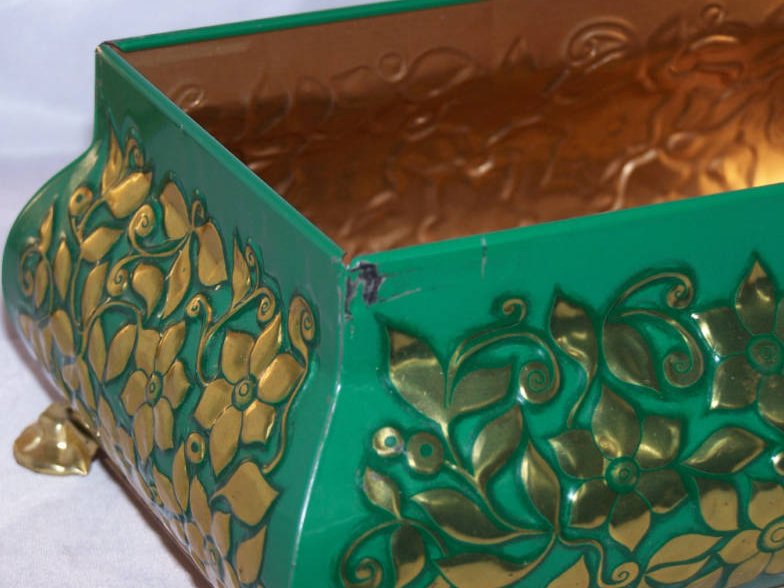 Image 3 of Fricke and Nacke Footed Tin, Green with Gold Raised Flowers