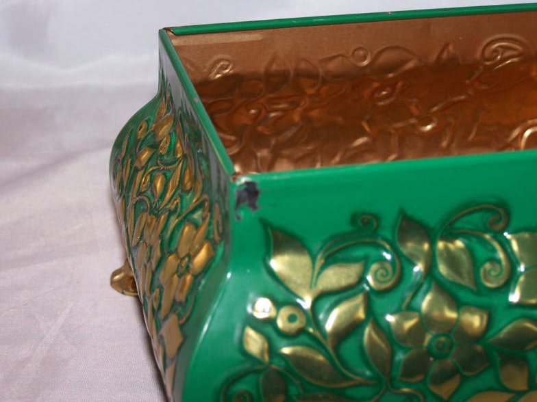 Image 5 of Fricke and Nacke Footed Tin, Green with Gold Raised Flowers