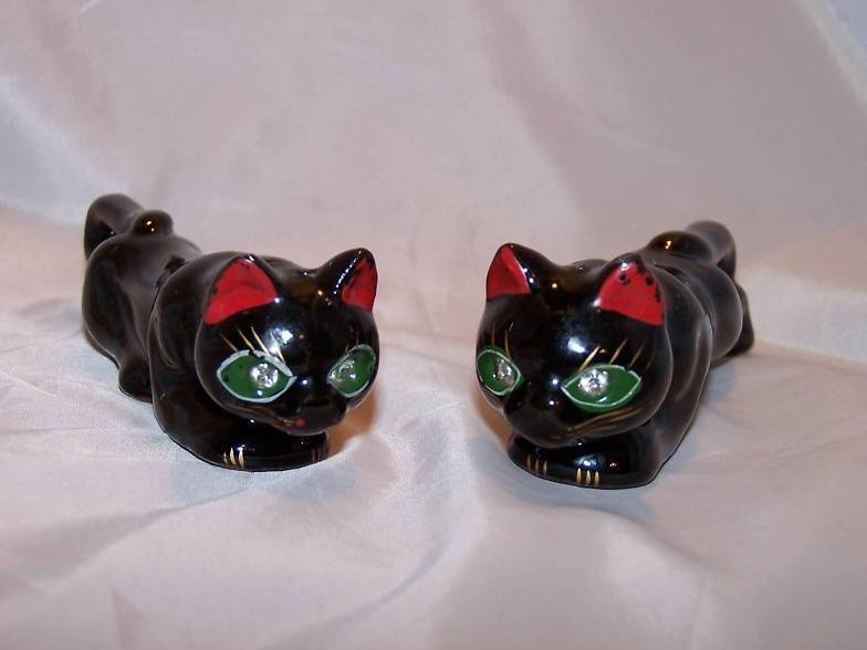 Image 1 of Rhinestone Eye Black Cat Salt Pepper Shakers, Japan