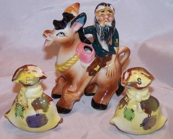 Image 1 of Mule and Hillbilly 3 Piece Salt and Pepper Shakers, Japan 