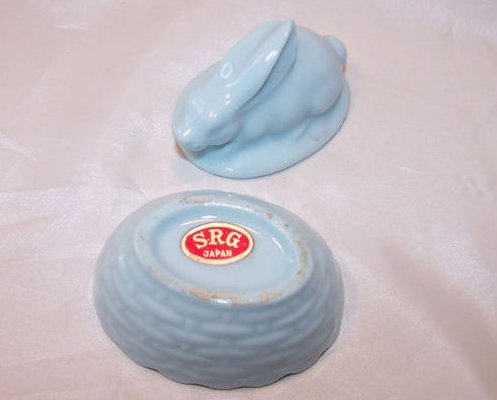 Image 1 of Light Blue Glass Bunny in a Basket Salt Dip Covered Dish