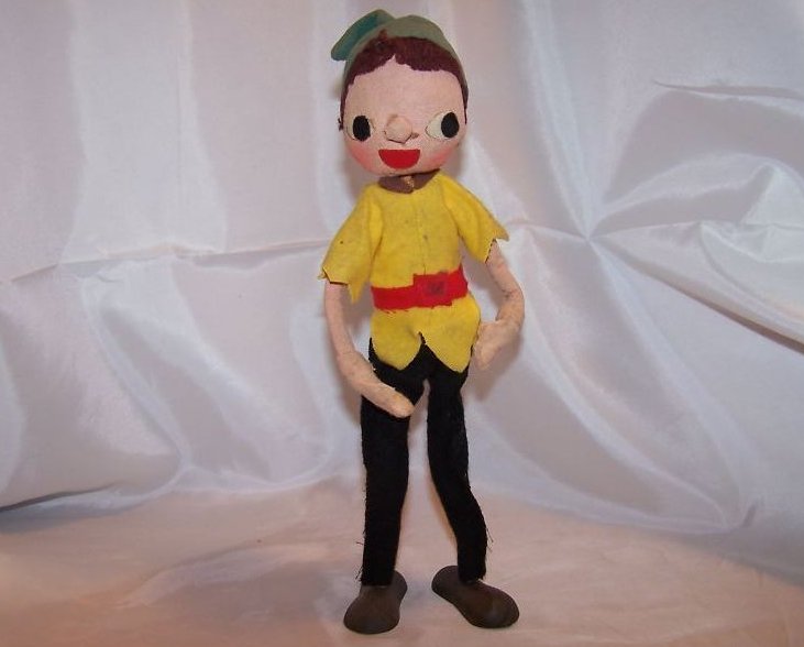 Poseable Vintage Cloth Elf Doll w Brown Hair, Faded Hat