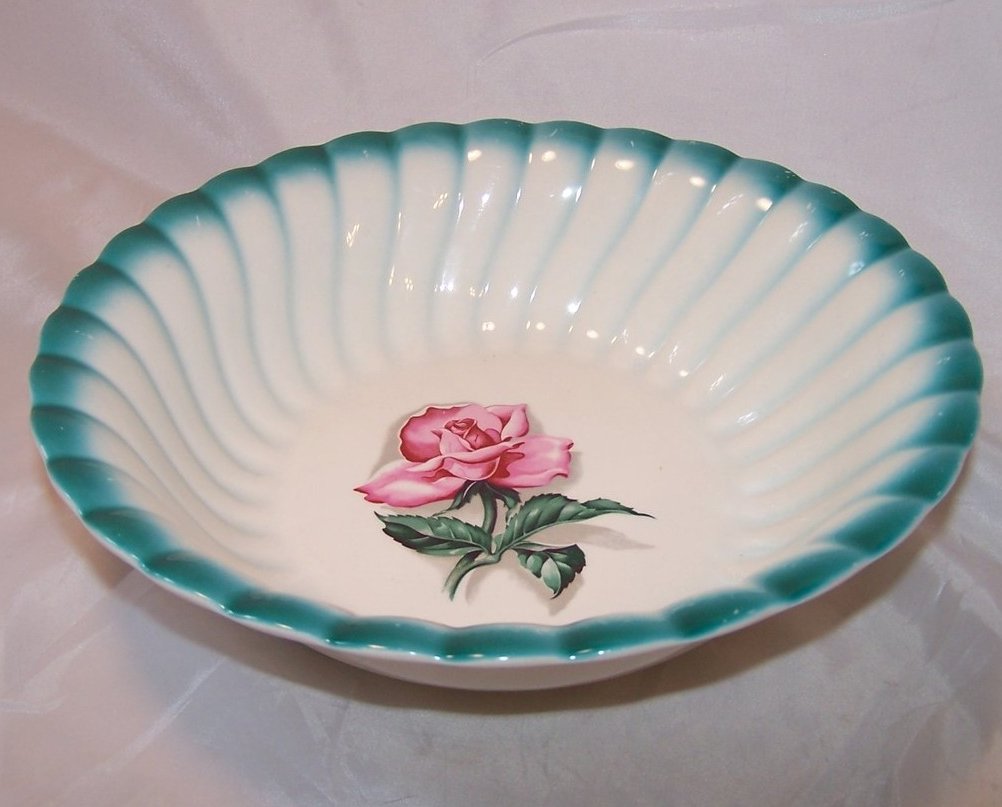 Image 1 of Homer Laughlin Vegetable Bowl, Teal Edge, Rose