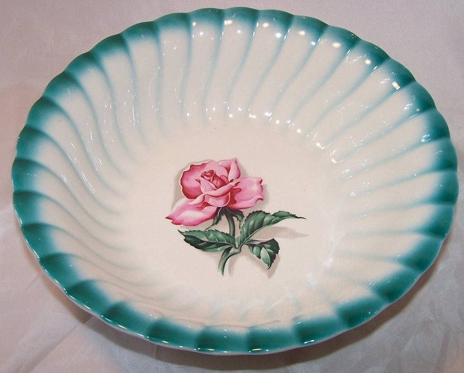 Image 3 of Homer Laughlin Vegetable Bowl, Teal Edge, Rose