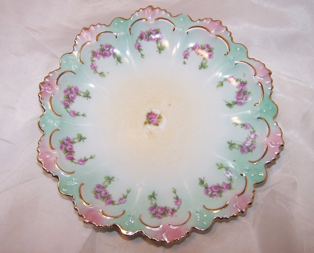 MZ Austria Green and Pink Floral Rose Plate, Gold Highlights