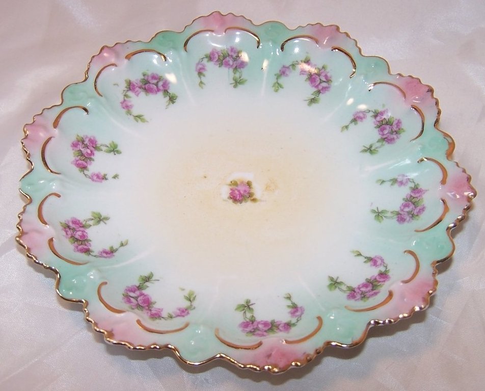 Image 1 of MZ Austria Green and Pink Floral Rose Plate, Gold Highlights