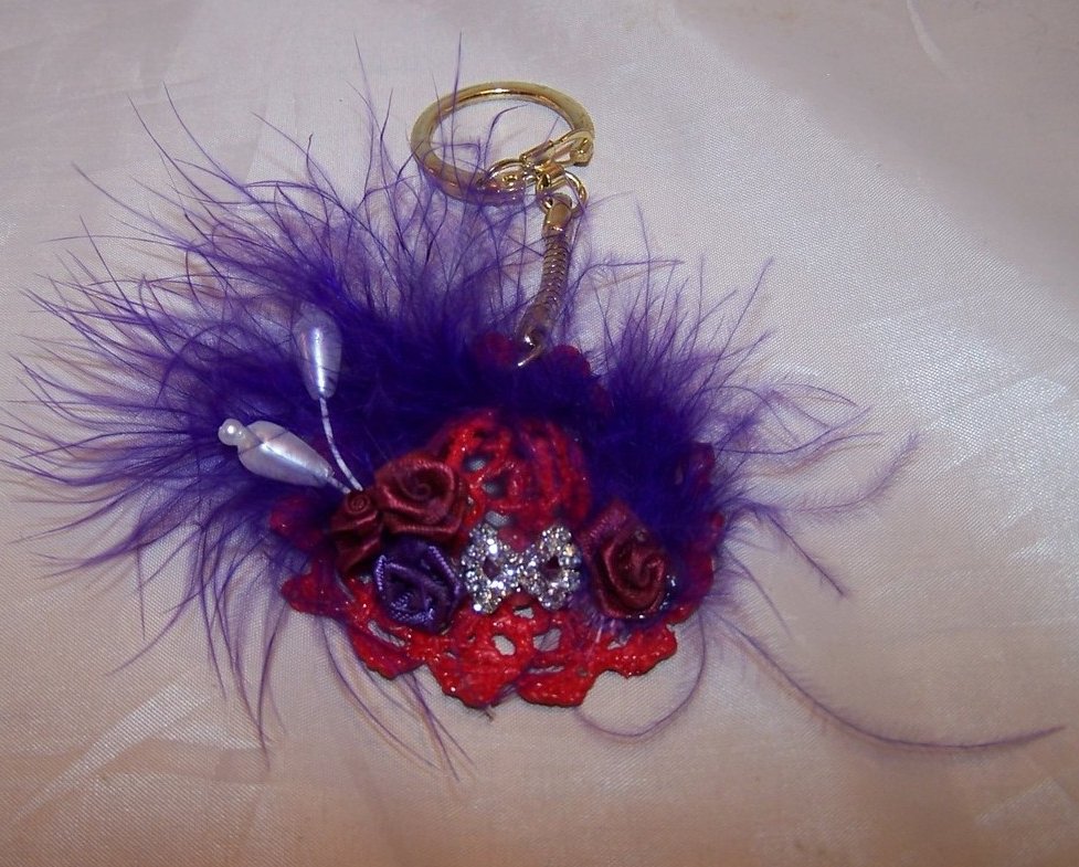 Image 0 of New Red Hat Keychain with Rhinestone Bow, Flowers, Feathers