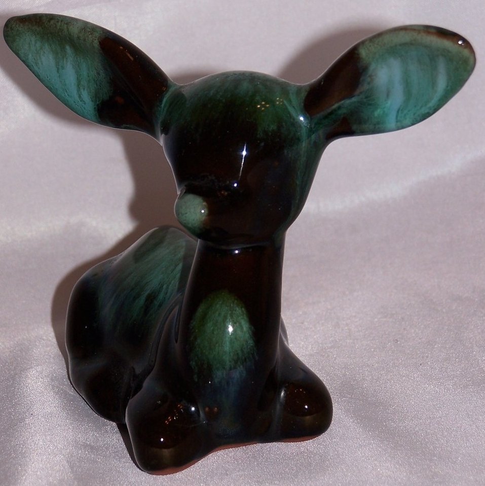Image 2 of Blue Mountain Pottery Deer, Teal on Dark Brown , Canada