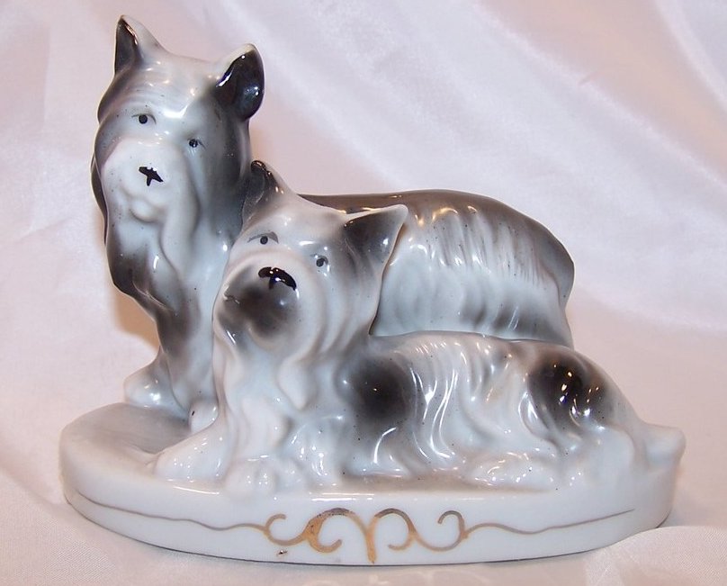 Two Gray and White Dogs on Base, Japan Japanese Figurine