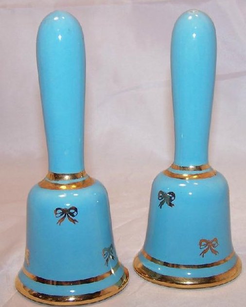 Ringing Bell Salt and Pepper Shakers Set, Blue and Gold