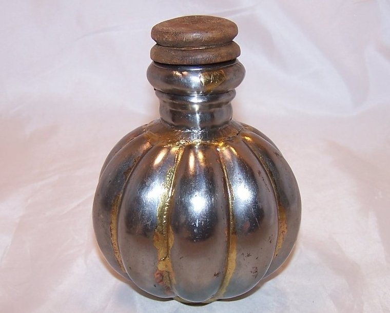 Shiny Metal Antique Spice Jar with Wood Stopper, Handmade