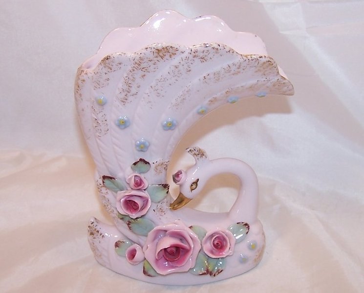 Stylized Pink Swan Vase with Roses, Japan Japanese, Napco